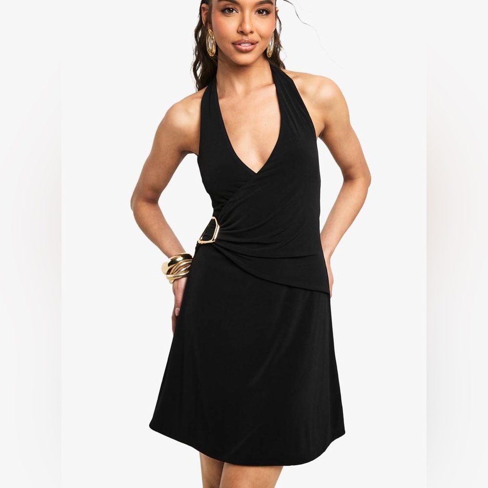 Boohoo Black Halter Neck Trim Detail Wrap Mini Dress Sz. 10 NWT!